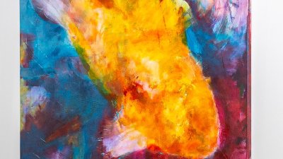 Farbenfrohes Werk von Nicole Siegmund in Gelb, Blau und Rot aus der Ausstellung „Farben Freude"